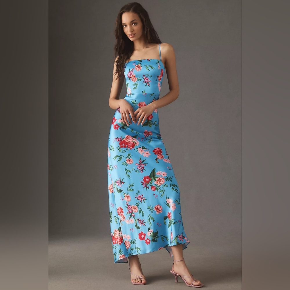 BHLDN Blue Floral Strapless Maxi Dress